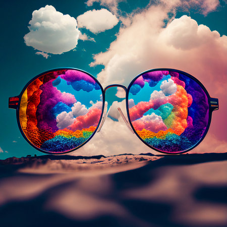 Closeup of mirror protective sunglasses on sandy beach at tropical seaside on warm sunny day. Summer vacation concept. Generative AI.の素材