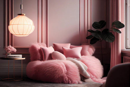 Generative AI. Nice Interior of pink living room with fluffy pink armchair.の素材