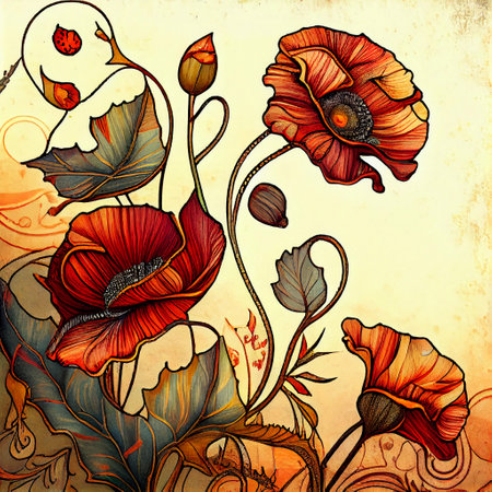 Poppy in Art Nouveau style. Imitation of an old stained glass window. Generative AI.の素材