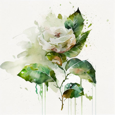 Generative AI. White rose flower and leaves, watercolor painting on white paperの素材