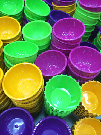 plastic colorful kitchen bowlsの写真素材