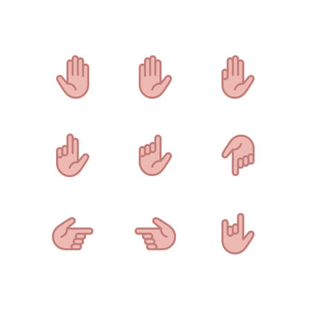 Hand gestures and sign language thin line icon set. Isolated vector illustration of human hands.のイラスト素材