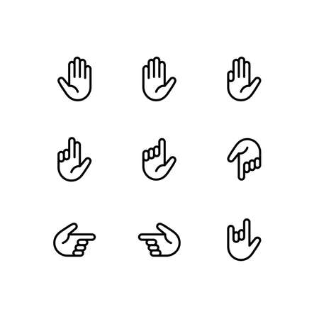 Hand gestures and sign language thin line icon set. Isolated vector illustration of human hands.のイラスト素材