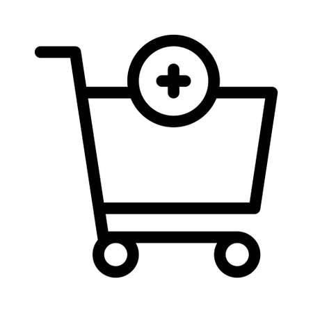 Shopping cart with cross plus sign. Add or more simple purchase icon isolated on white background. Stores the cart on wheels.のイラスト素材