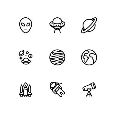 Space icon set on white background. Contains icons such as UFO Spaceship, Alien, Telescope, and more. Vector illustrationのイラスト素材