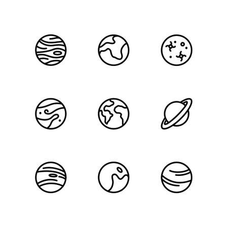 Planet icon set on white background. Contains icons such as Saturn, Jupiter, Planet Earth, and more. Vector illustrationのイラスト素材