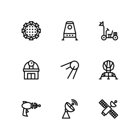 Space icon set on white background. Contains icons such as Observatory, Laser Gun, Satellite, and more. Vector illustrationのイラスト素材