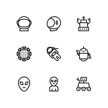 Space outline icon set. Contains icons such as astronaut, UFO Spaceship, Alien, and more. Vector illustrationのイラスト素材