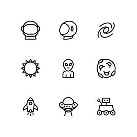 Space outline icon set. Contains icons such as astronaut, UFO Spaceship, Alien, and more. Vector illustrationのイラスト素材