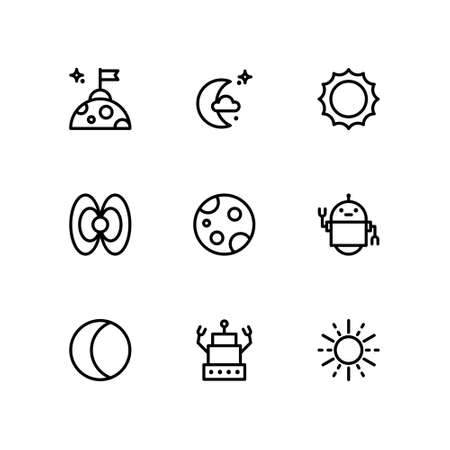 Space icon set on white background. Contains icons such as Conquer, Moon, Sun, and more. Vector illustrationのイラスト素材