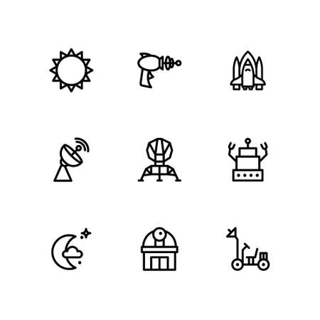 Space icon set on white background. Contains icons such as Robot, Shuttle, Satellite, and more. Vector illustrationのイラスト素材
