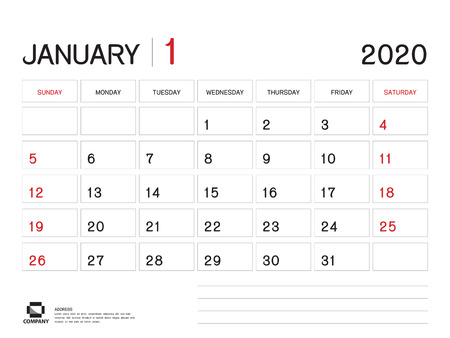 January 2020 Year Template, Calendar 2020, Desk Calendar Design, Week Start On Sunday, Planner, Stationery, Printing, Size : 8 x 6 inchのイラスト素材