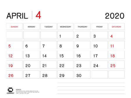 April 2020 Year Template, Calendar 2020, Desk Calendar Design, Week Start On Sunday, Planner, Stationery, Printing, Size : 8 x 6 inchのイラスト素材