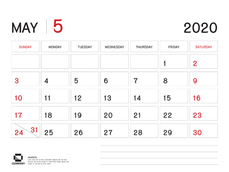 April 2020 Year Template, Calendar 2020, Desk Calendar Design, Week Start On Sunday, Planner, Stationery, Printing, Size : 8 x 6 inchのイラスト素材
