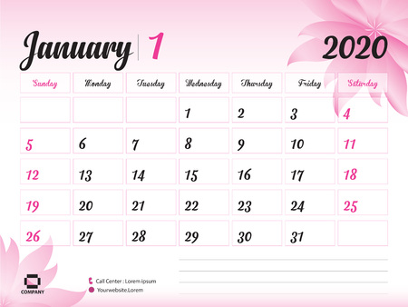 January 2020 Year Template, Calendar 2020, Desk Calendar Design, pink flower concept for cosmetics, beauty, spa, business; Week Start On Sunday, Planner, Stationery, Printing, Size : 8 x 6 inchのイラスト素材