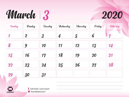 March 2020 Year Template, Calendar 2020, Desk Calendar Design, pink flower concept for cosmetics, beauty, spa, business; Week Start On Sunday, Planner, Stationery, Printing, Size : 8 x 6 inchのイラスト素材