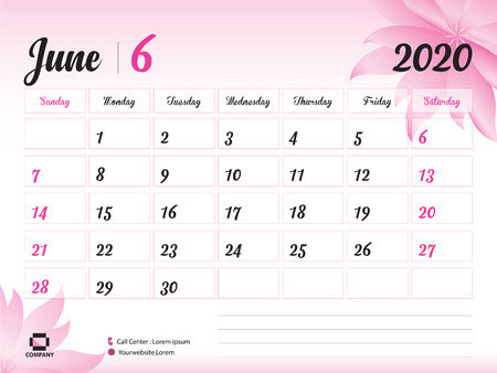 June 2020 Year Template, Calendar 2020, Desk Calendar Design, pink flower concept for cosmetics, beauty, spa, business; Week Start On Sunday, Planner, Stationery, Printing, Size : 8 x 6 inchのイラスト素材