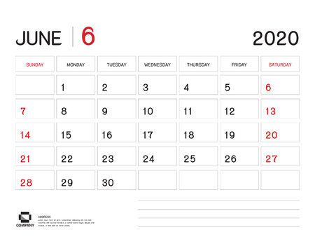 JUNE 2020 Year Template, Calendar 2020 Vector, Desk Calendar Design, Week Start On Sunday, Planner, Stationery, Printing, Size : 8 x 6 inchのイラスト素材