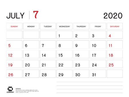 JULY 2020 Year Template, Calendar 2020 Vector, Desk Calendar Design, Week Start On Sunday, Planner, Stationery, Printing, Size : 8 x 6 inchのイラスト素材