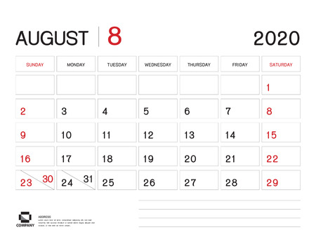 AUGUST 2020 Year Template, Calendar 2020 Vector, Desk Calendar Design, Week Start On Sunday, Planner, Stationery, Printing, Size : 8 x 6 inchのイラスト素材