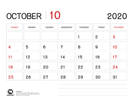 october 2020 Year Template, Calendar 2020 Vector, Desk Calendar Design, Week Start On Sunday, Planner, Stationery, Printing, Size : 8 x 6 inchのイラスト素材