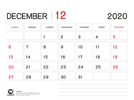 DECEMBER 2020 Year Template, Calendar 2020 Vector, Desk Calendar Design, Week Start On Sunday, Planner, Stationery, Printing, Size : 8 x 6 inchのイラスト素材