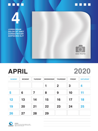 APRIL 2020 Year Template, Calendar 2020 Vector, Desk Calendar Design, Week Start On Sunday, Planner, Stationery, Printing, vertical artworkのイラスト素材