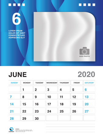JUNE 2020 Year Template, Calendar 2020 Vector, Desk Calendar Design, Week Start On Sunday, Planner, Stationery, Printing, vertical artworkのイラスト素材