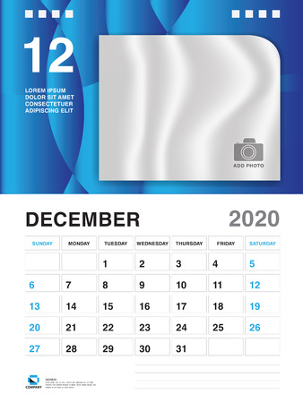 DECEMBER 2020 Year Template, Calendar 2020 Vector, Desk Calendar Design, Week Start On Sunday, Planner, Stationery, Printing, vertical artworkのイラスト素材