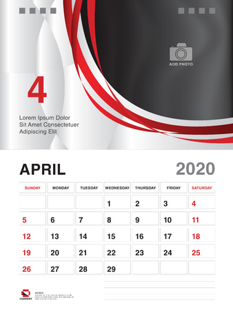 APRIL 2020 Year Template, Calendar 2020 Vector, Desk Calendar Design, Week Start On Sunday, Planner, Stationery, Printing, vertical artworkのイラスト素材