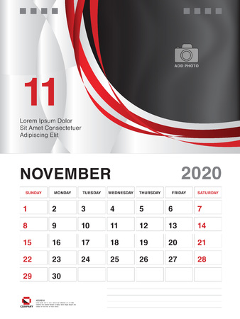 NOVEMBER 2020 Year Template, Calendar 2020 Vector, Desk Calendar Design, Week Start On Sunday, Planner, Stationery, Printing, vertical artworkのイラスト素材