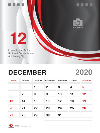 DECEMBER 2020 Year Template, Calendar 2020 Vector, Desk Calendar Design, Week Start On Sunday, Planner, Stationery, Printing, vertical artworkのイラスト素材