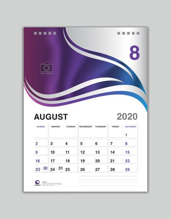Desk Calendar Design, AUGUST 2020 Year Template, Calendar 2020 Vector, Week Start On Sunday, Planner, Stationery, Printing, vertical artworkのイラスト素材