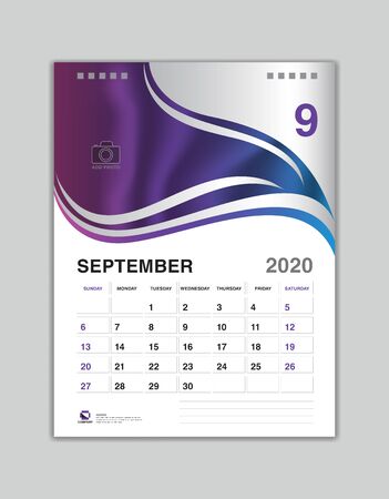 Desk Calendar Design, SEPTEMBER 2020 Year Template, Calendar 2020 Vector, Week Start On Sunday, Planner, Stationery, Printing, vertical artworkのイラスト素材