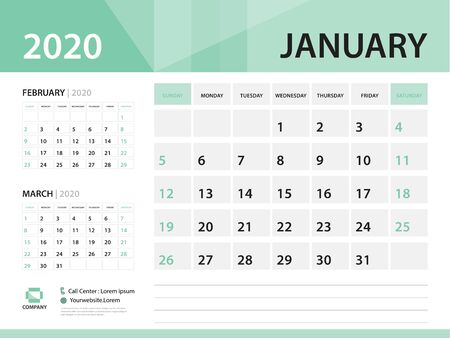January 2020, Desk Calendar 2020 vector Design, green concept for business; Week Start On Sunday, Planner, Stationery, Printing, Size : 8 x 6 inchのイラスト素材