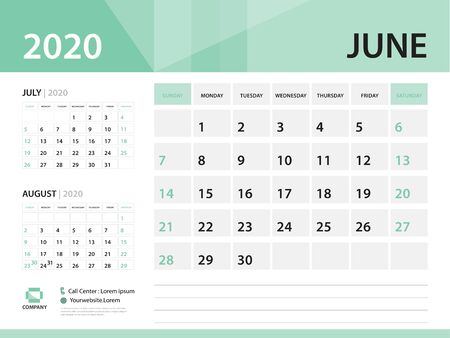 June 2020, Desk Calendar 2020 vector Design, green concept for business; Week Start On Sunday, Planner, Stationery, Printing, Size : 8 x 6 inchのイラスト素材