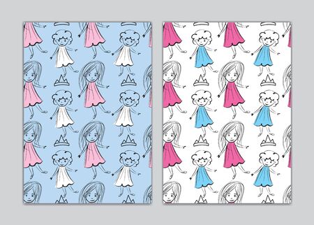 Seamless pattern girls cartoon for book cover, paper, wallpaper, Gift Wrap, wale, fabric. vector illustration. cute doodle cartoon.のイラスト素材