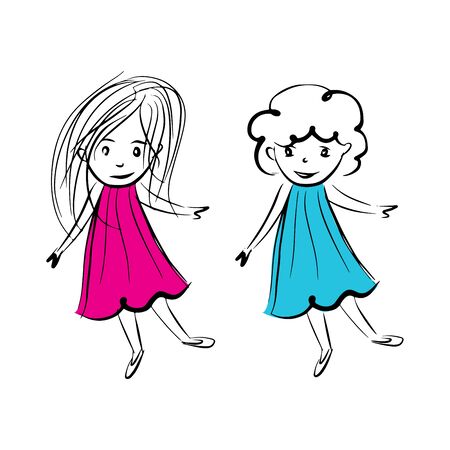 Cut girls vector illustration, hand drawn people, kidのイラスト素材