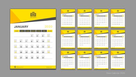 Calendar for 2020 Vector, Desk calendar 2020 template, Week Start On Sunday, Planner, Stationery, Printing, vertical artwork, Yellow backgroundのイラスト素材