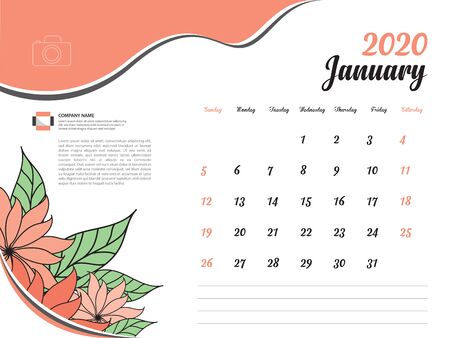 Calendar 2020 design Vector, Desk Calendar 2020 template, January, Orange flowers concept, Week Start On Sunday, Planner, Stationery, Printing, Size : 8 x 6 inchのイラスト素材