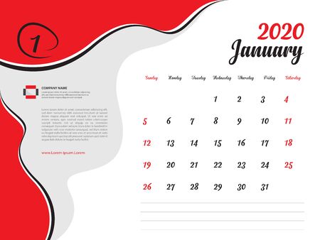 Calendar 2020 design Vector, Desk Calendar 2020 template, January, Week Start On Sunday, Planner, Stationery, Printing, Size : 8 x 6 inch, red backgroundのイラスト素材