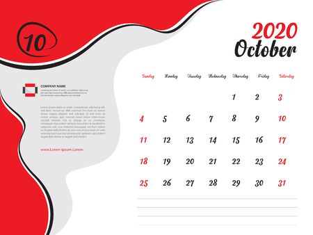 Calendar 2020 design Vector, Desk Calendar 2020 template, October, Week Start On Sunday, Planner, Stationery, Printing, Size : 8 x 6 inch, red backgroundのイラスト素材