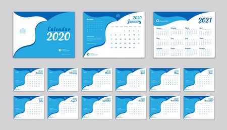 Desk Calendar 2020 Vector template, Calendar 2021 Design, Set of 12 Months, Week Start On Sunday, Planner, Stationery, Printing, advertisement, blue background, creative ideaのイラスト素材