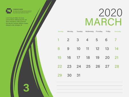 Calendar 2020 design Vector, Desk Calendar 2020 template, MARCH, Green concept, Week Start On Sunday, Planner, Stationery, Printing, Size : 8 x 6 inchのイラスト素材