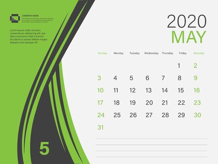 Calendar 2020 design Vector, Desk Calendar 2020 template, MAY, Green concept, Week Start On Sunday, Planner, Stationery, Printing, Size : 8 x 6 inchのイラスト素材
