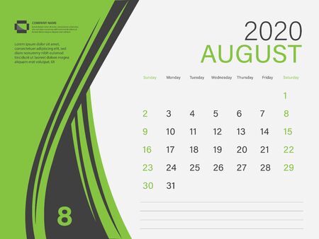 Calendar 2020 design Vector, Desk Calendar 2020 template, AUGUST, Green concept, Week Start On Sunday, Planner, Stationery, Printing, Size : 8 x 6 inchのイラスト素材