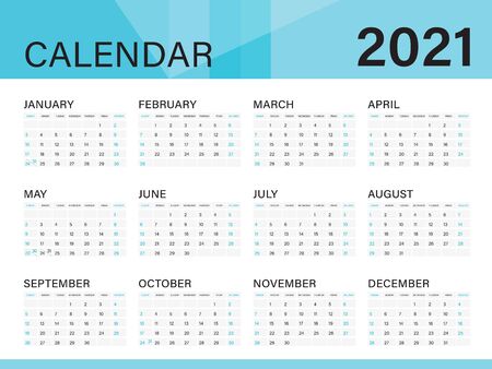 Calendar template for  2021 year, Poster, Wall Desk Calendar Design, simple calendar, Week Start On Sunday, Planner, Stationery, Printing, vertical artworkのイラスト素材