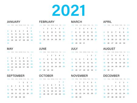 Calendar 2021 vector template, simple minimal design, Yearly calendar organizer for weeksのイラスト素材