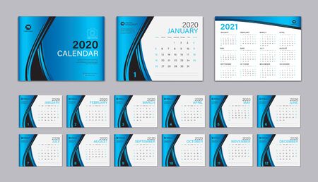 Desk Calendar 2020 template Vector, Calendar 2021 Design, Week Start On Sunday, Planner, Stationery, Printing, advertisement, Cover template, Blue backgroundのイラスト素材