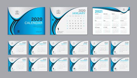 Desk Calendar 2020 template Vector, Calendar 2021 Design, Week Start On Sunday, Planner, Stationery, Printing, advertisement, Cover template, Blue backgroundのイラスト素材
